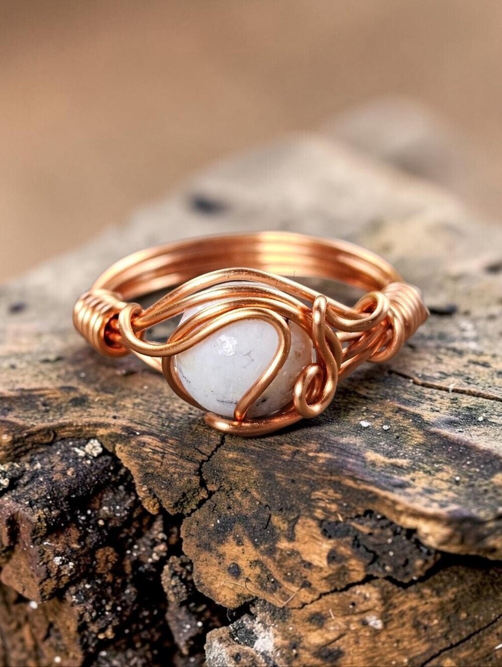 Handcrafted Copper Wire Ring with White Stone